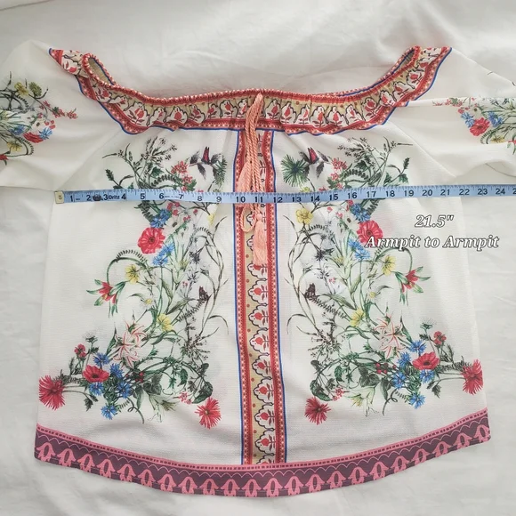 Umgee Floral Off Shoulder Top Blouse Womens Large Boho Peasant Bell Sleeve - Picture 9 of 11